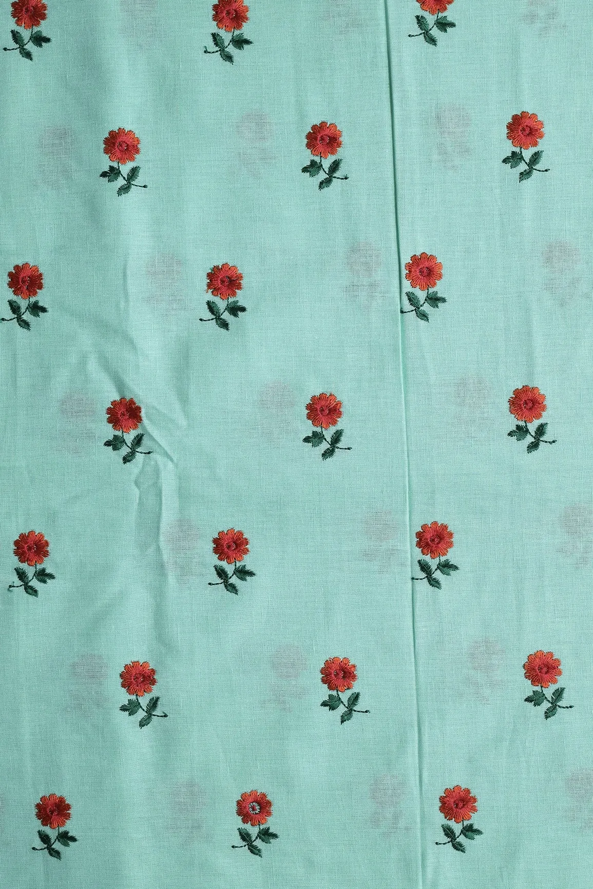 Beautiful Dark Orange And Green Floral Embroidery Work On Sea Green Pure Cotton Fabric