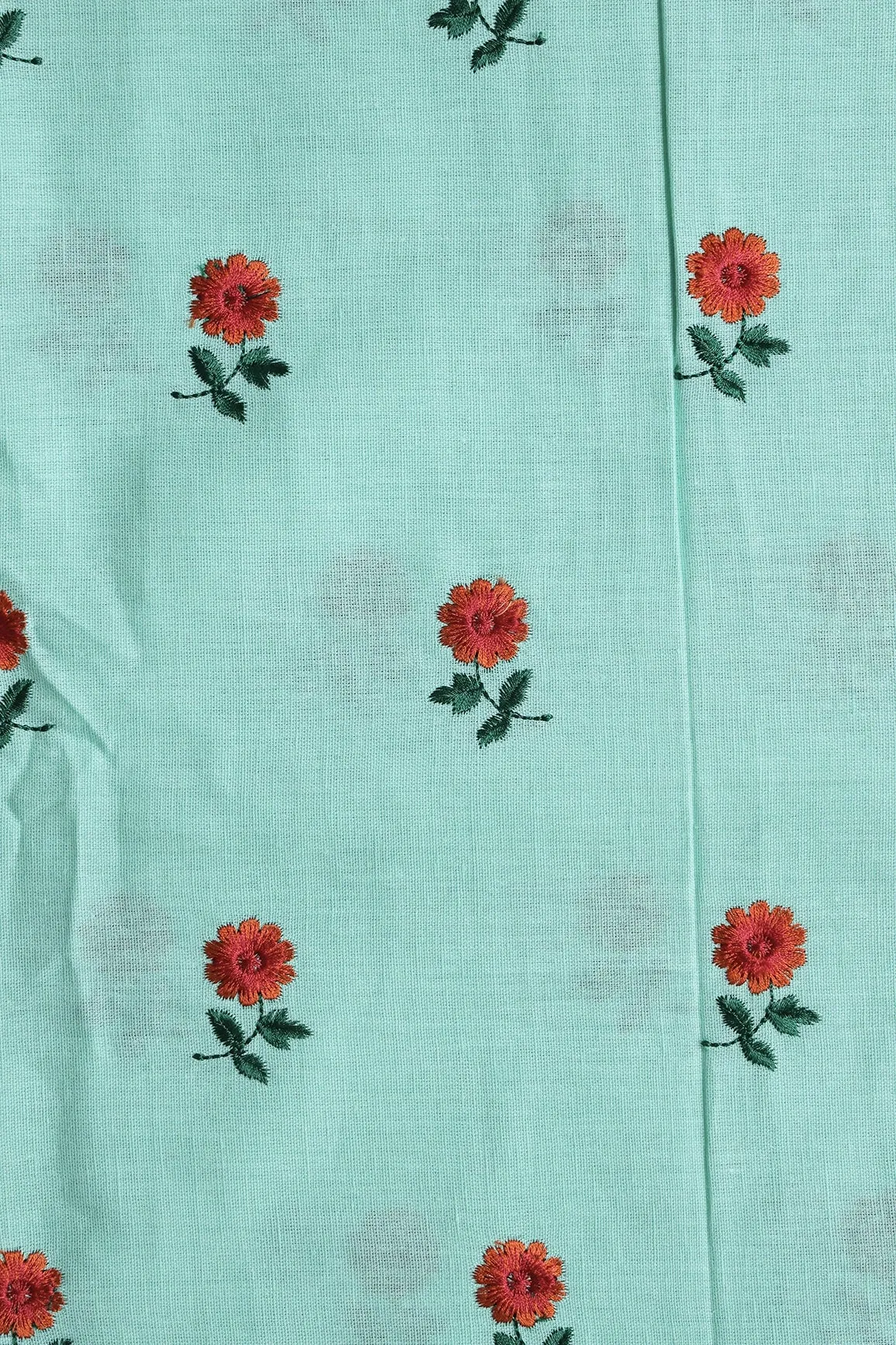 Beautiful Dark Orange And Green Floral Embroidery Work On Sea Green Pure Cotton Fabric