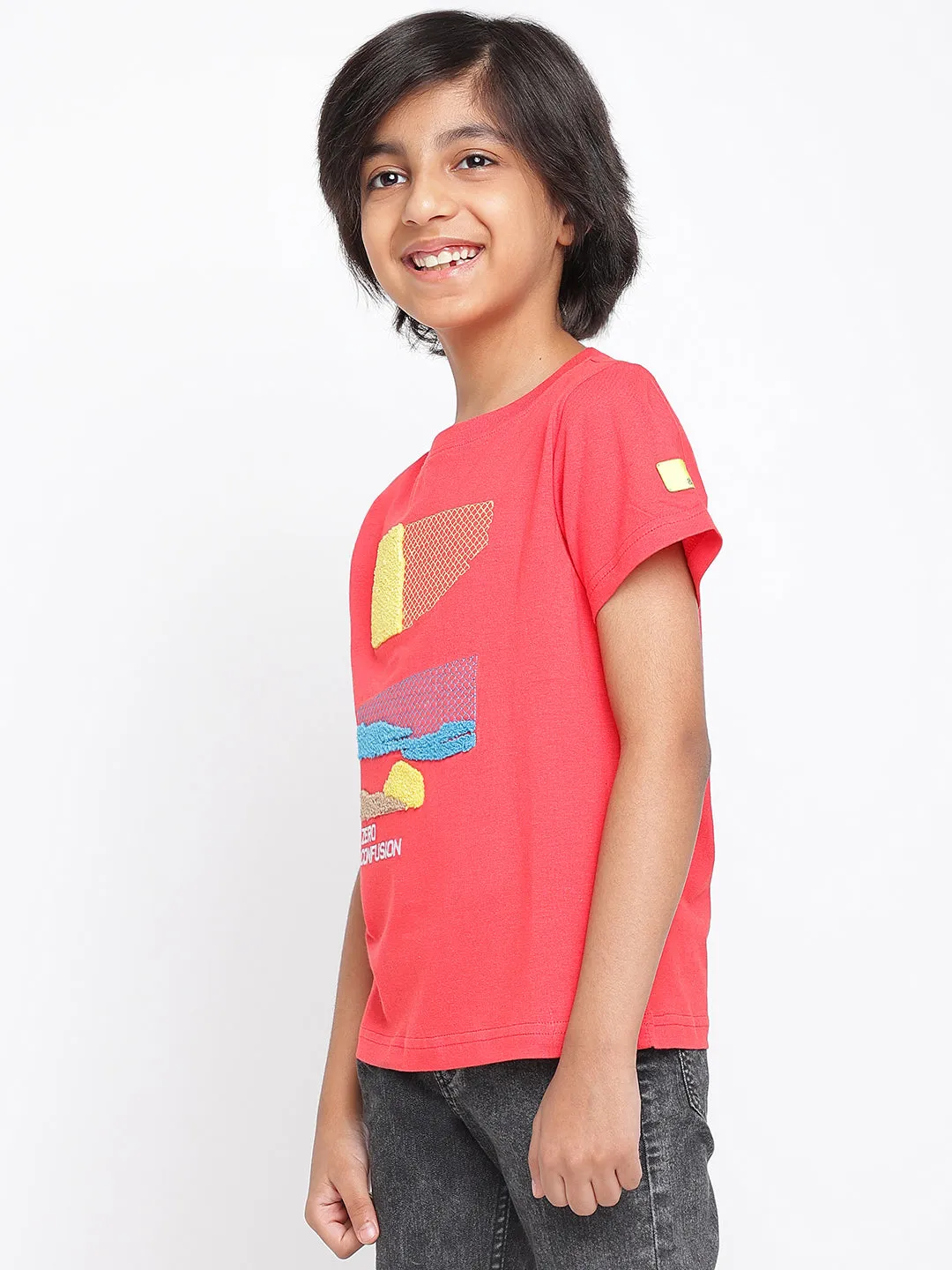 Boys Red Printed Cotton T-shirt