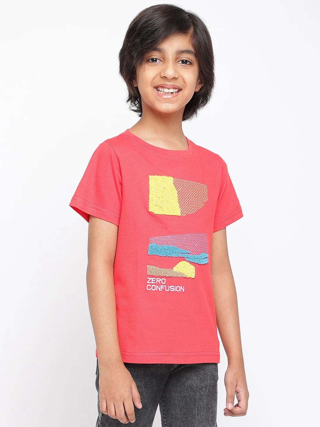 Boys Red Printed Cotton T-shirt