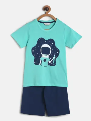 Boys/Girls Navy Blue & Green Printed Cotton Night Suit