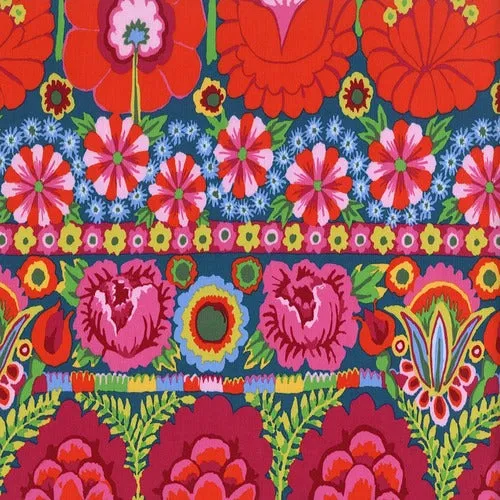 Fabric  Embroidered Flowers-Red,PWKF001.REDXX, Artisan Collection from Kaffee Fassett for Free Spirit.