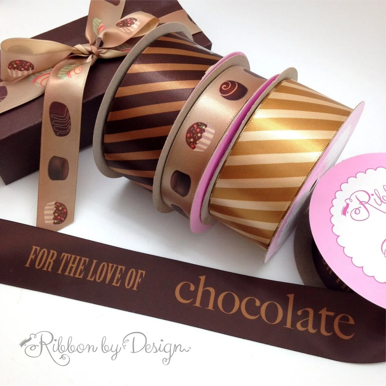 For the Love of Chocolate Ribbon in brown on 5/8" dijon gold