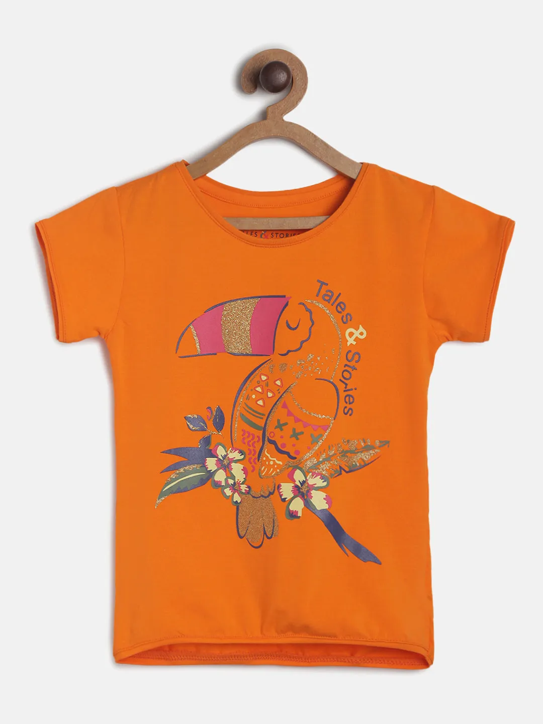 Girls Orange Regular Fit Cotton T-shirt