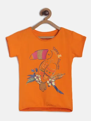 Girls Orange Regular Fit Cotton T-shirt