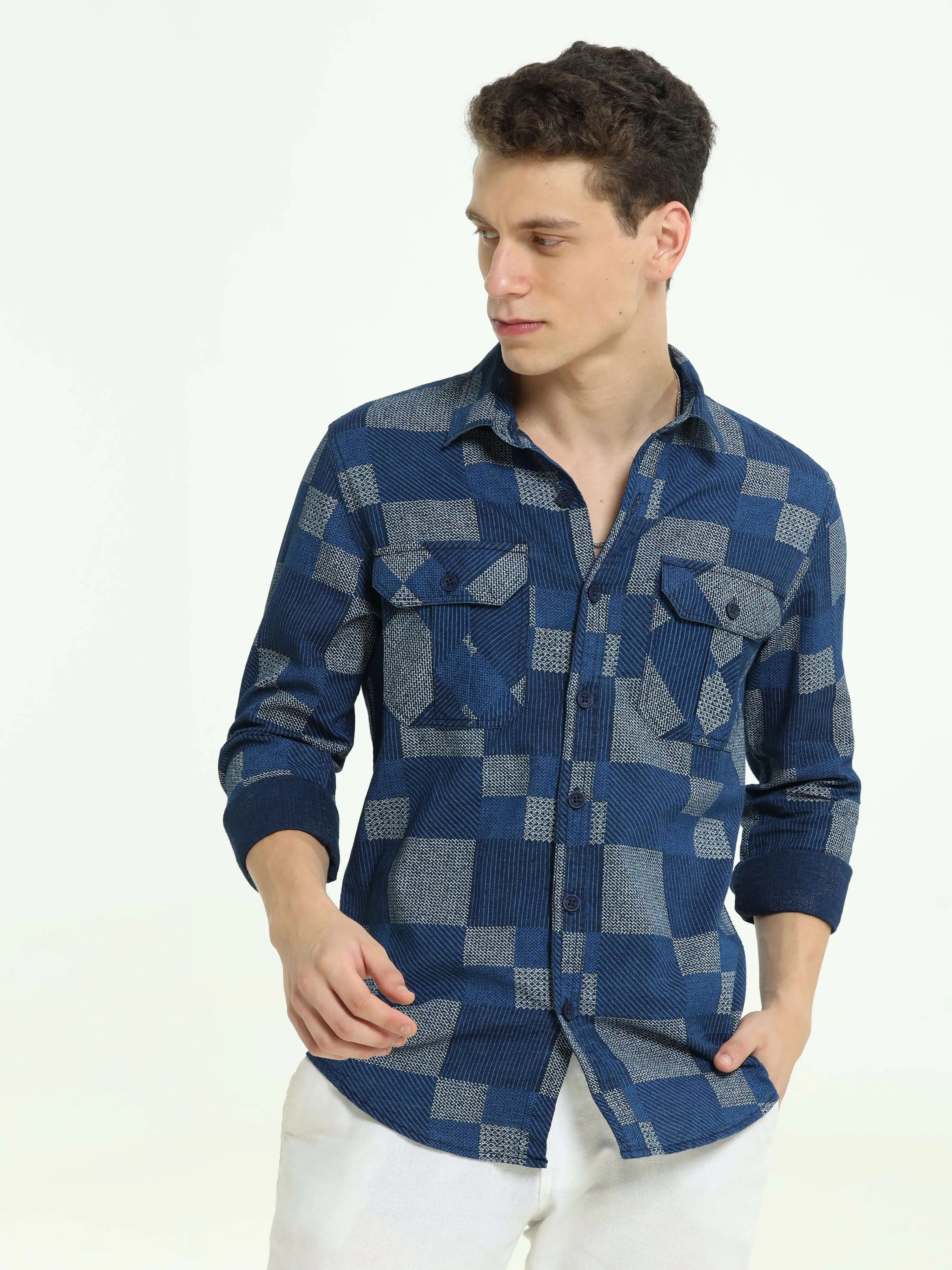 Lt Denim multi blocked check shirt