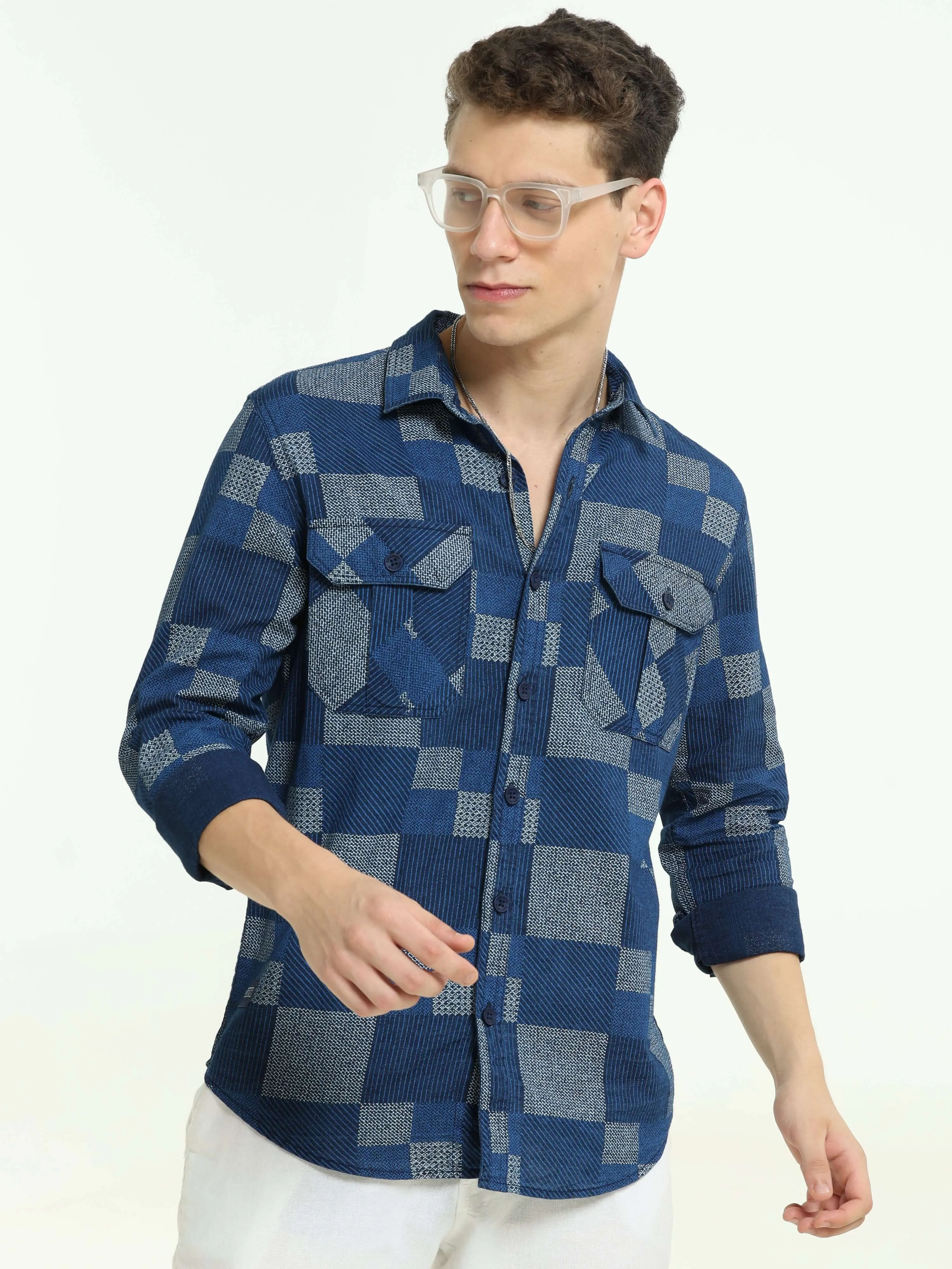 Lt Denim multi blocked check shirt