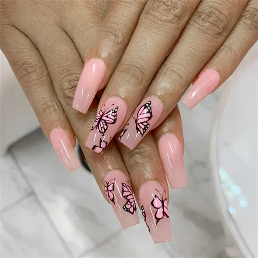 Trendy 4Pcs/Set Acrylic Long Ballet Press on Coffin Nails With Art