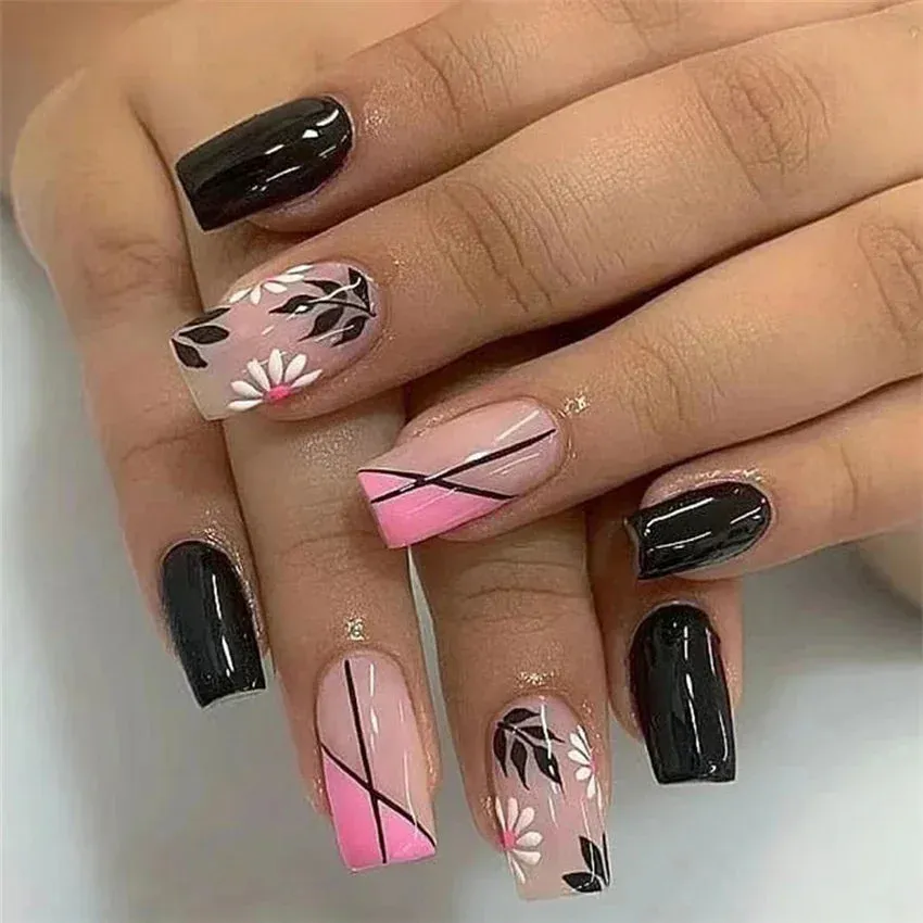 Trendy 4Pcs/Set Acrylic Long Ballet Press on Coffin Nails With Art