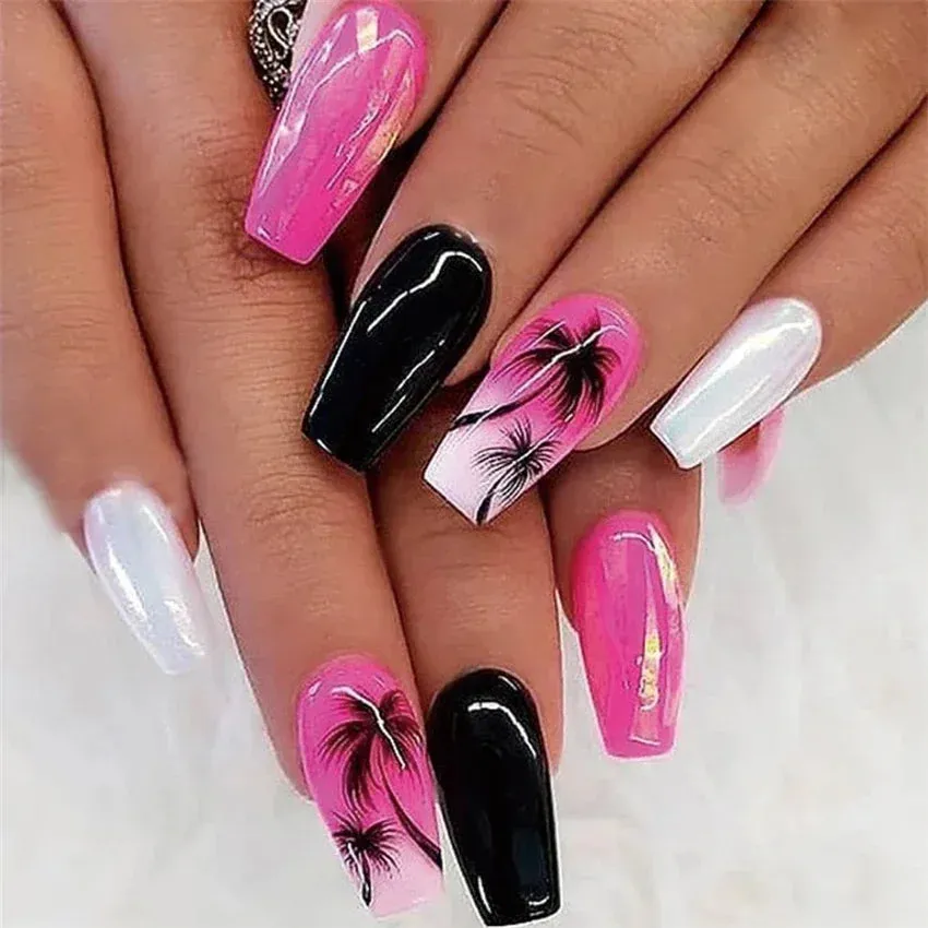 Trendy 4Pcs/Set Acrylic Long Ballet Press on Coffin Nails With Art