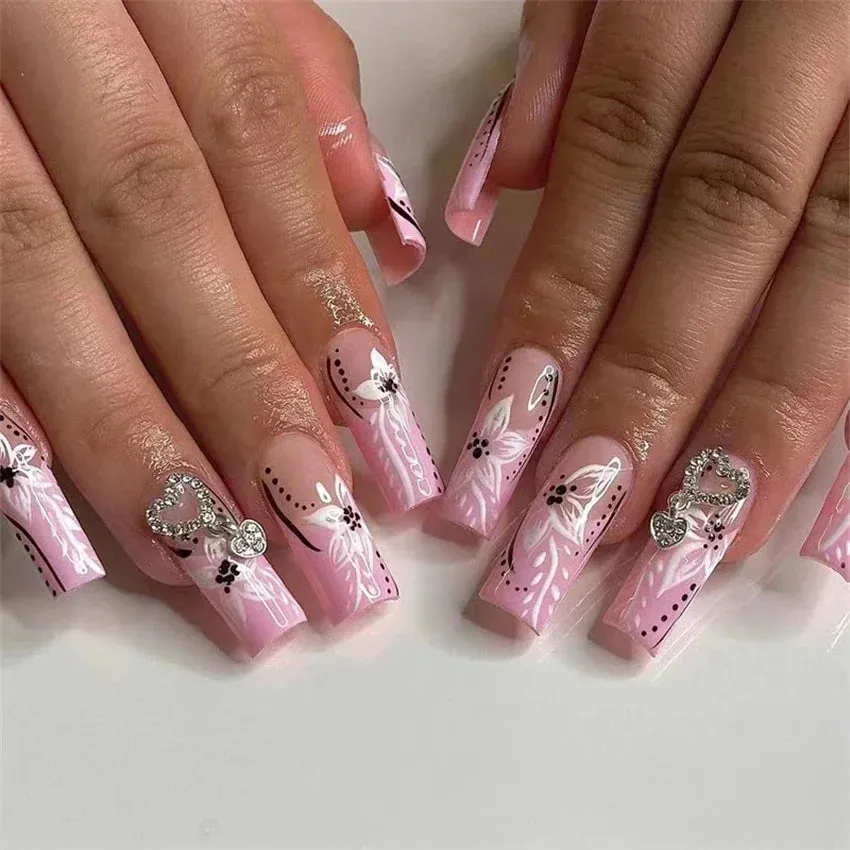 Trendy 4Pcs/Set Acrylic Long Ballet Press on Coffin Nails With Art