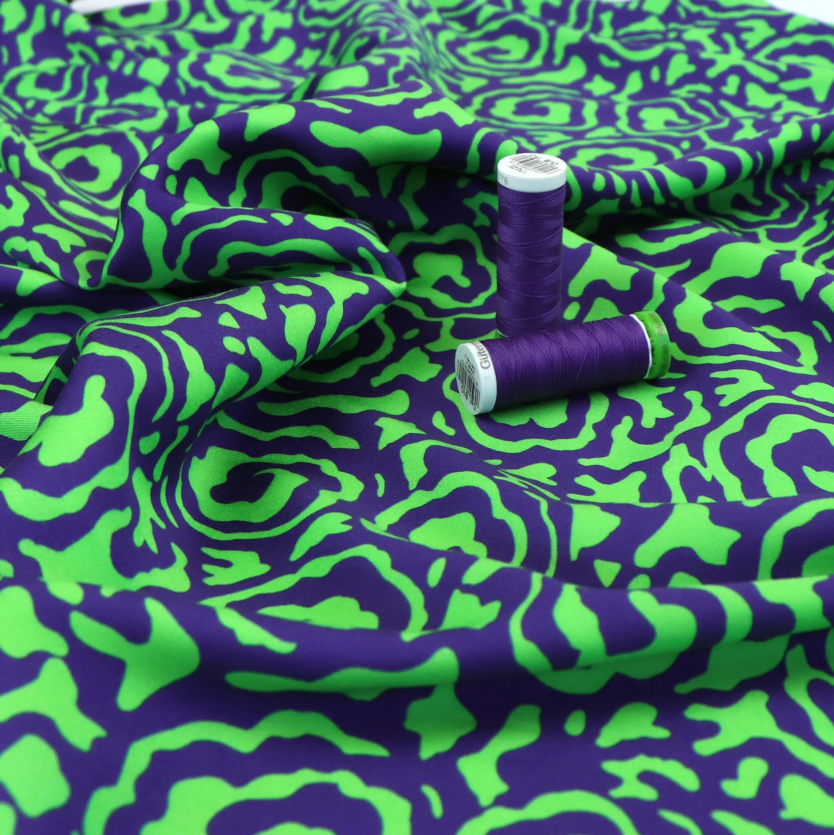 Viscose Satin - Flower Swirls - Green   Purple - SECONDS