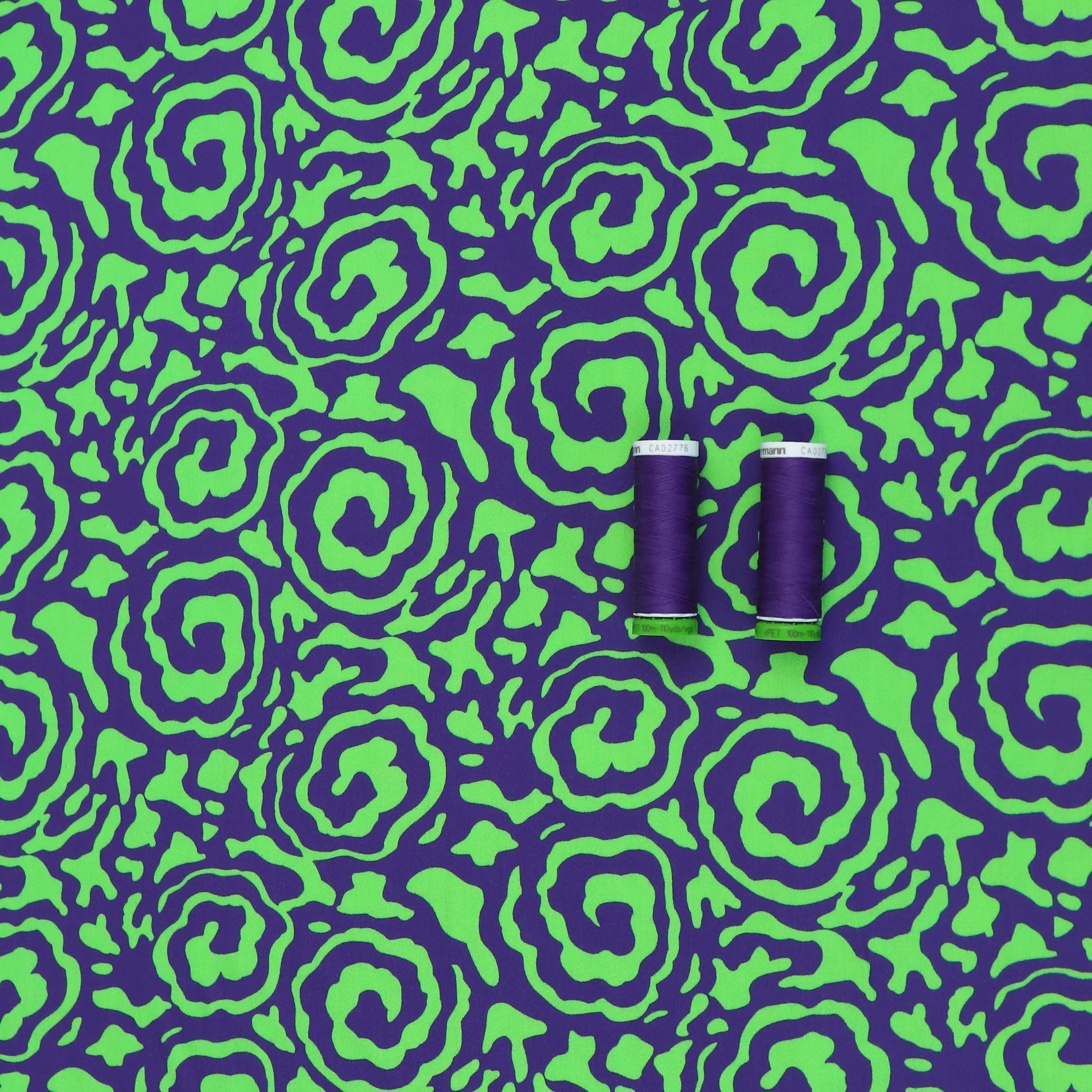 Viscose Satin - Flower Swirls - Green   Purple - SECONDS