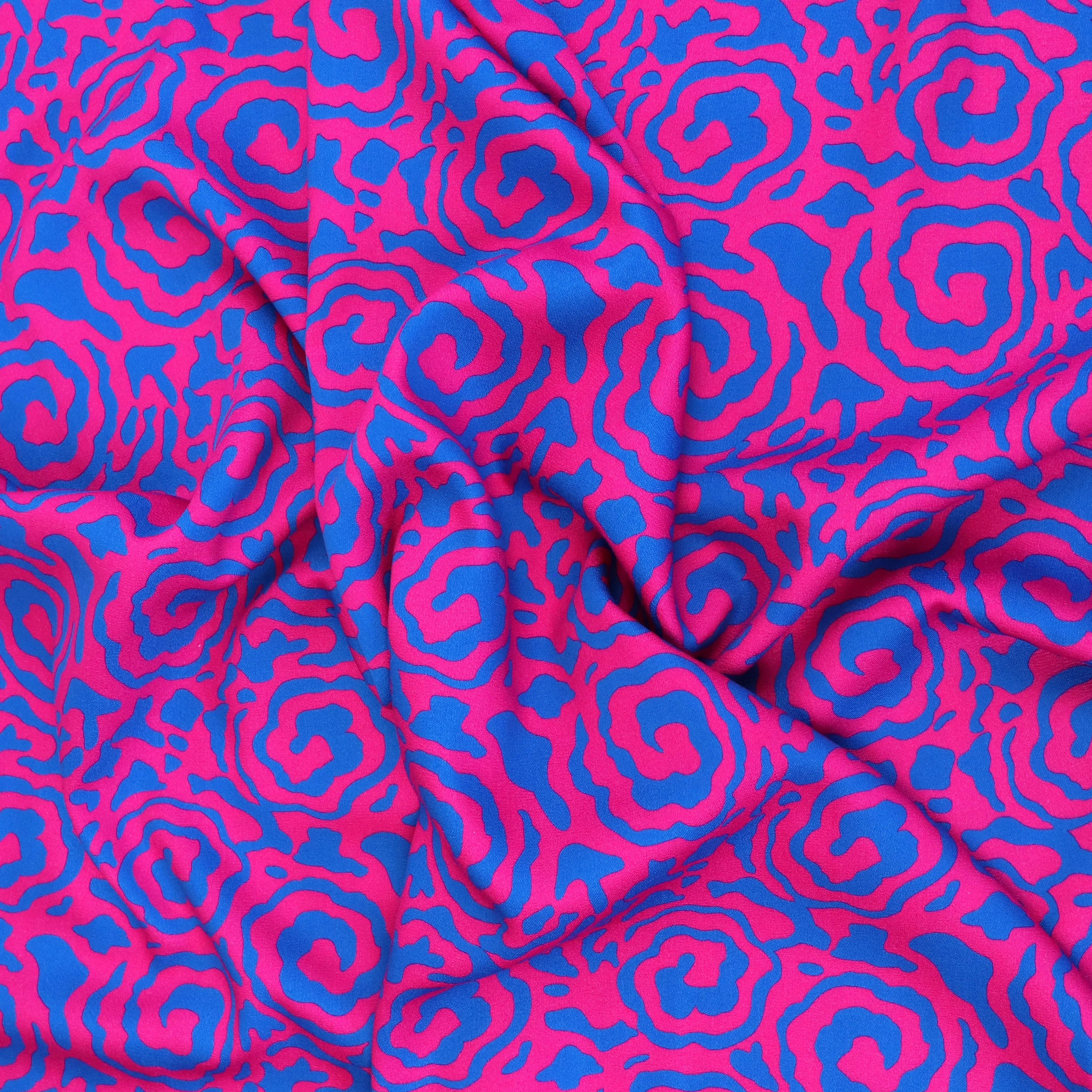 Viscose Satin - Flower Swirls - Pink   Blue - SECONDS